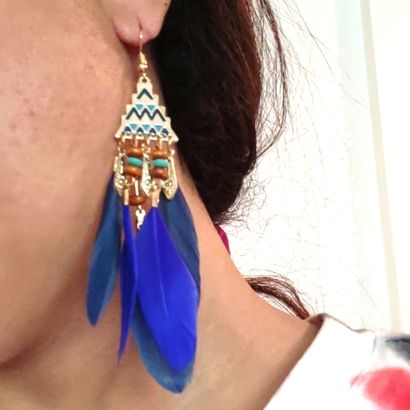 Earrings Jewelry Vintage feather long tassel/Native American. Dark Blue Green. - Picture 3 of 3